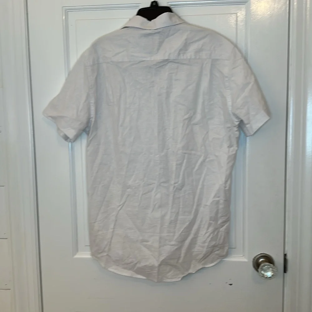 Report Collection White Linen Blend Short Sleeve Button Down Shirt size M EUC‎